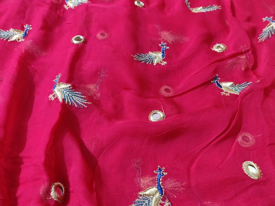 Magenta Pink Zari edge Peacock Motif Embroidered Georgette Fabric Pre Cut 5 Meters FAB224 - Ethnic's By Anvi Creations