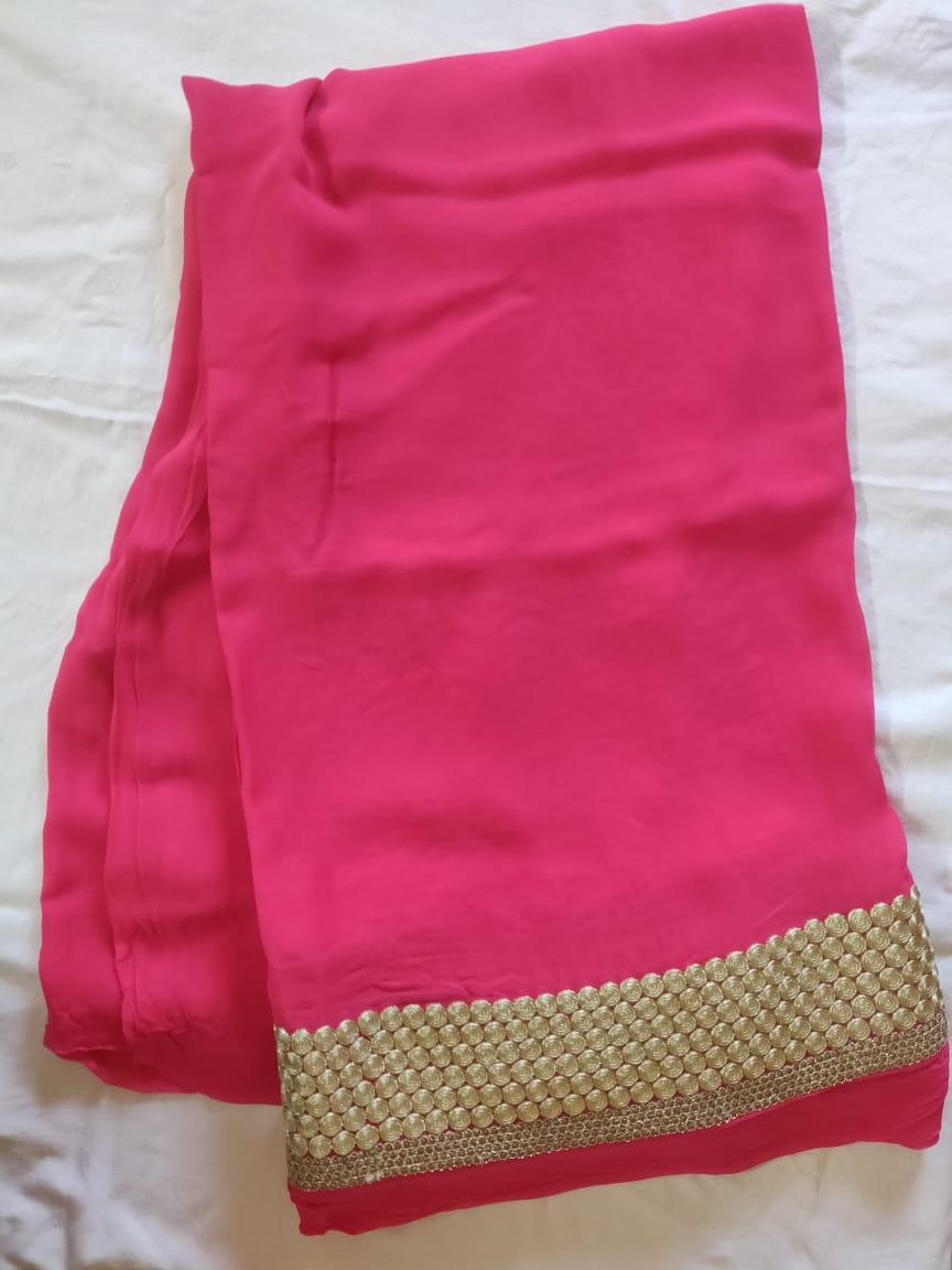 Plain Solid Magenta Pink Embroidered Border Georgette Fabric Pre Cut 5.5 Meters FAB229 - Ethnic's By Anvi Creations