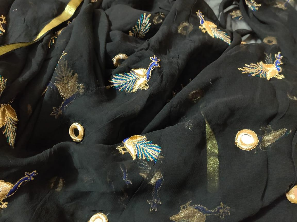 Black Zari edge Peacock Motif Embroidered Georgette Fabric Pre Cut 4 Meters FAB250 - Ethnic's By Anvi Creations