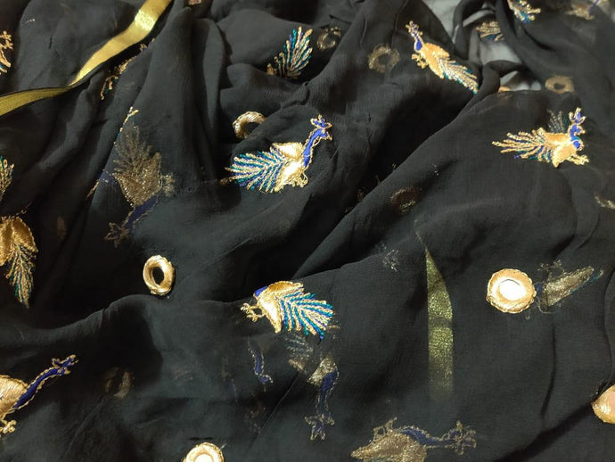 Black Zari edge Peacock Motif Embroidered Georgette Fabric Pre Cut 4 Meters FAB250 - Ethnic's By Anvi Creations