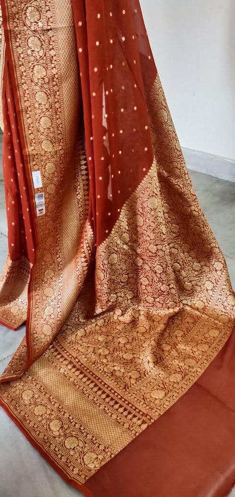 Orangish Red Pure Khaddi Georgette Banarasi Saree FAPS02 - Ethnic's By Anvi Creations