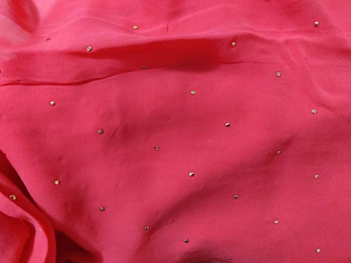 Carrot Pink Pasted Moykesh Work Georgette Fabric Pre Cut 6 Meters FAB190 - Ethnic's By Anvi Creations