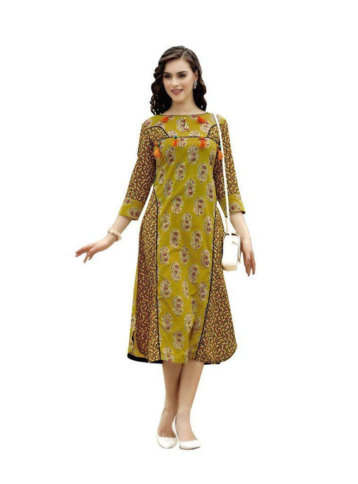 Designer Olive Green Cotton Printed Long Kurti Kurta Dress Style Size 42 XL SC1001-Ethnic's By Anvi Creations-Designer Kurti