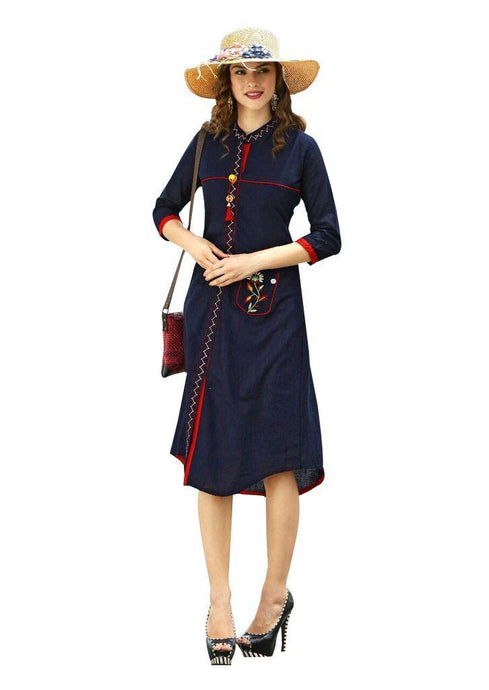 Designer Blue Cotton Printed Long Kurti Kurta Dress Style Size 42 XL SC1009-Ethnic's By Anvi Creations-Designer Kurti