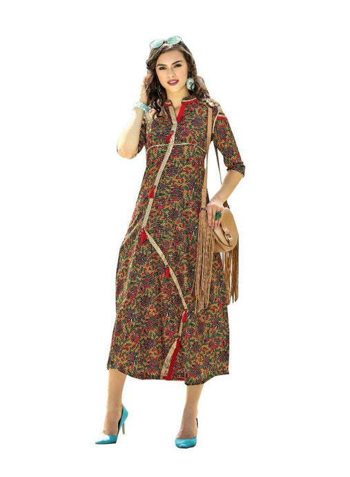Designer Multi Cotton Printed Long Kurti Kurta Dress Style Size 42 XL SC1011-Ethnic's By Anvi Creations-Designer Kurti