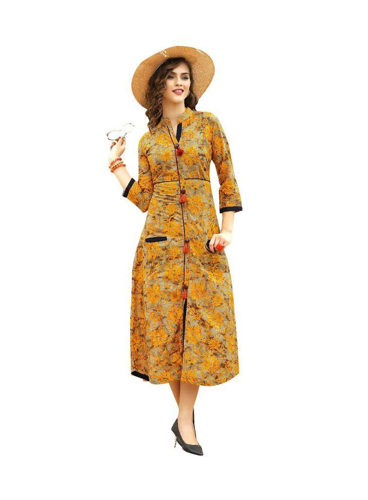 Designer Yellow Cotton Printed Long Kurti Kurta Dress Style Size 42 XL SC1012-Ethnic's By Anvi Creations-Designer Kurti