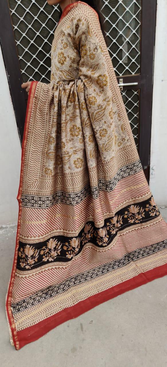 Beige Chanderi Silk Block Printed Saree GOVCH01-Anvi Creations-Maheshwari Saree