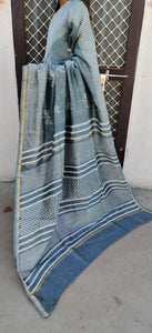 Grey Chanderi Silk Block Printed Saree GOVCH08-Anvi Creations-Maheshwari Saree
