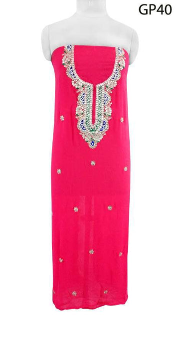 Jaipuri Kundan Hand Work Gazari Pink Georgette Kurti Kurta Fabric GP40-Anvi Creations-Jaipuri Kurti Fabric