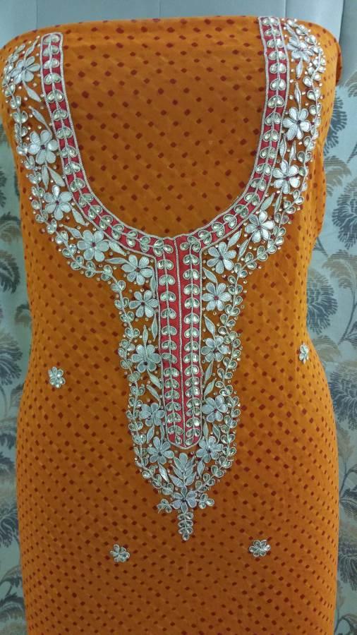 Jaipuri Mothra Georgette Gotta Patti work Orange Kurti Kurta Fabric GP72-Anvi Creations-Jaipuri Kurti Fabric