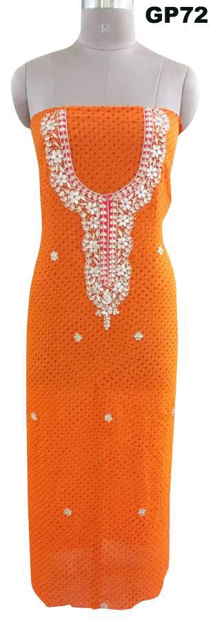 Jaipuri Mothra Georgette Gotta Patti work Orange Kurti Kurta Fabric GP72-Anvi Creations-Jaipuri Kurti Fabric