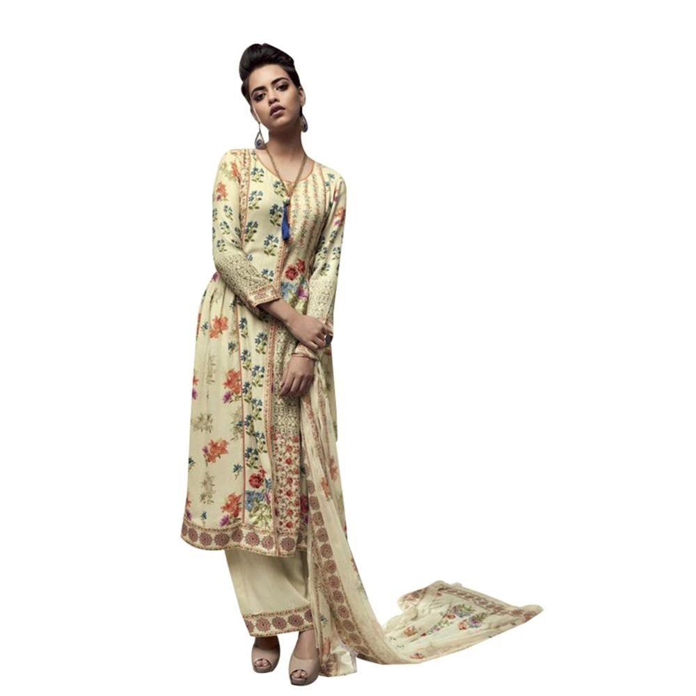Designer Beige Printed Heavy Pashmina Trouser Salwar kameez Material GAN31-Anvi Creations-Pashmina Dress Material