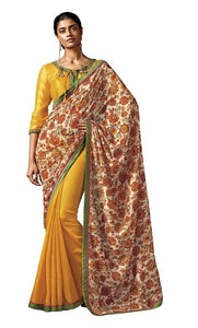 Yellow Brown Floral  Cotton Silk Saree-Anvi Creations-Handloom Saree