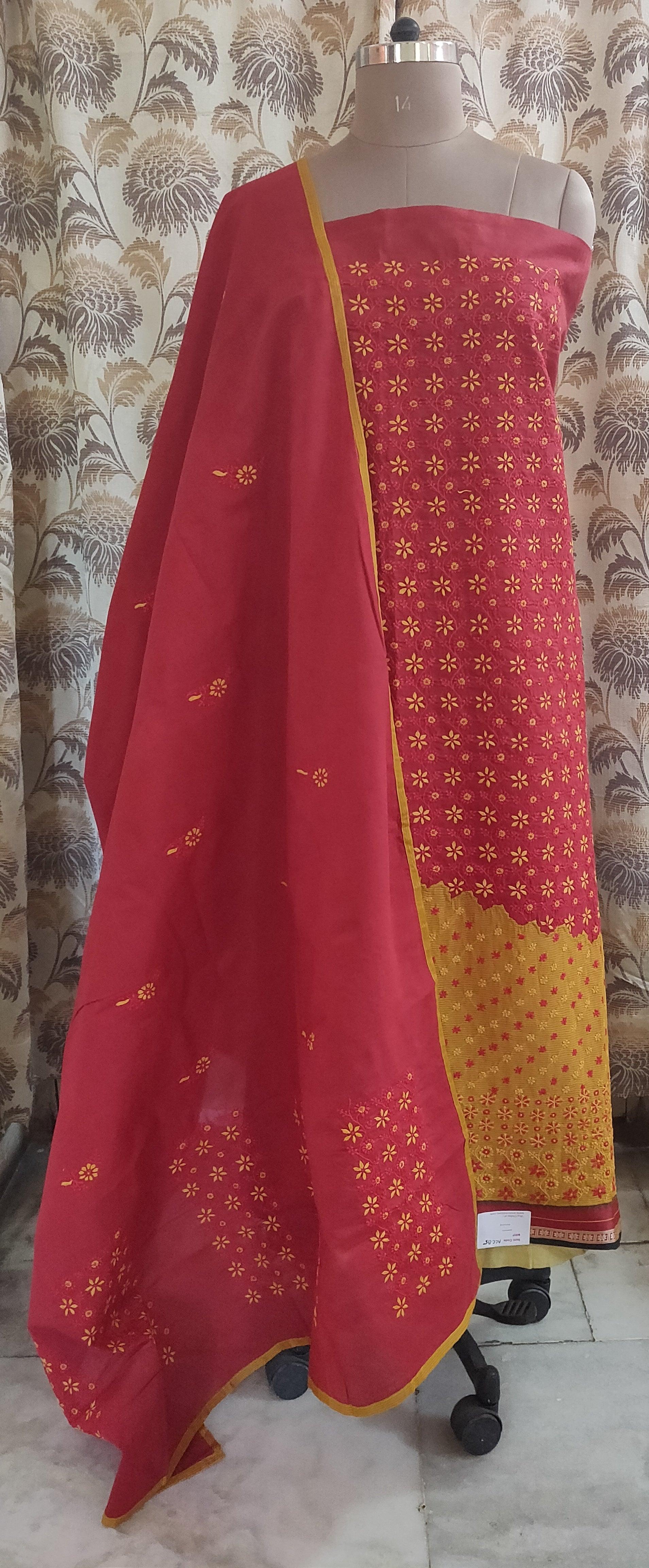 Designer South Cotton Red Heavy Chikankari Lakhnavi Embroidered Dress Material-Anvi Creations-Salwar Kameez