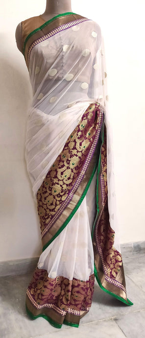Off White Banarasi Border Polka Net saree SC30007C-Anvi Creations-Designer Saree