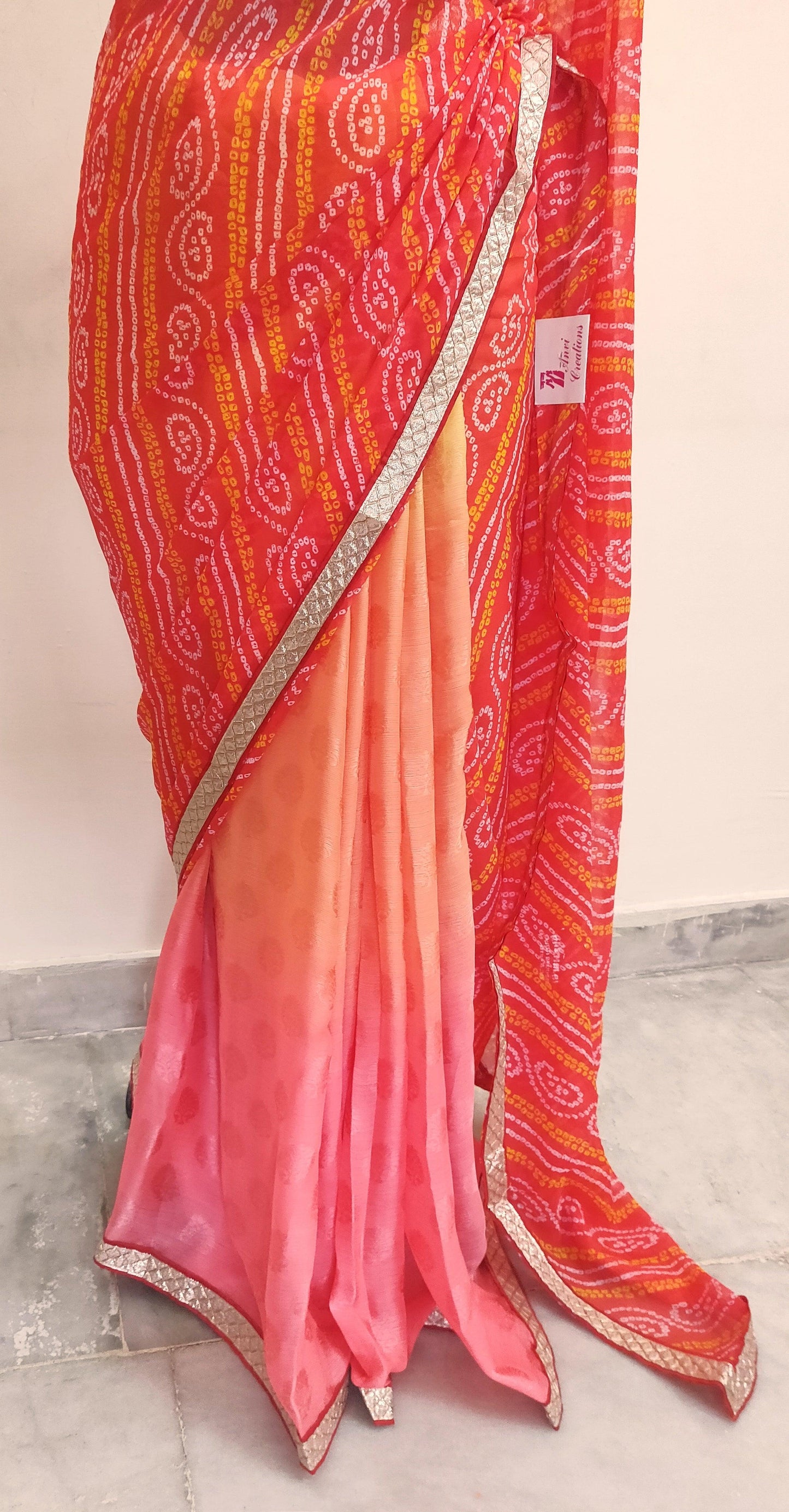 Designer Carrot Pink Printed Bandhej Bandhani Embellished Saree SP15-Anvi Creations-Boutique Saree