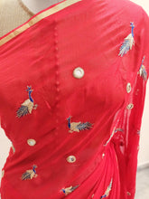 Charger l&#39;image dans la galerie, Designer Red Chiffon Georgette Peacock Motif Saree SP07-Anvi Creations-Boutique Saree