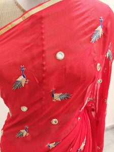 Designer Red Chiffon Georgette Peacock Motif Saree SP07-Anvi Creations-Boutique Saree