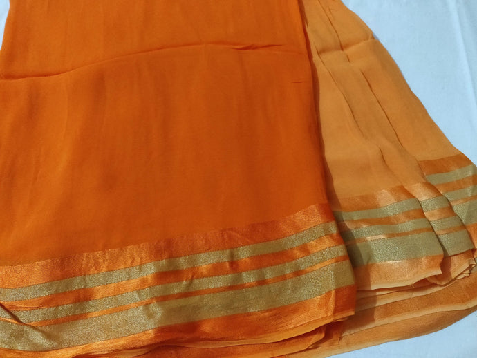 Orange Zari Border Georgette Fabric Pre Cut 5 Meters FAB245 - Ethnic's By Anvi Creations