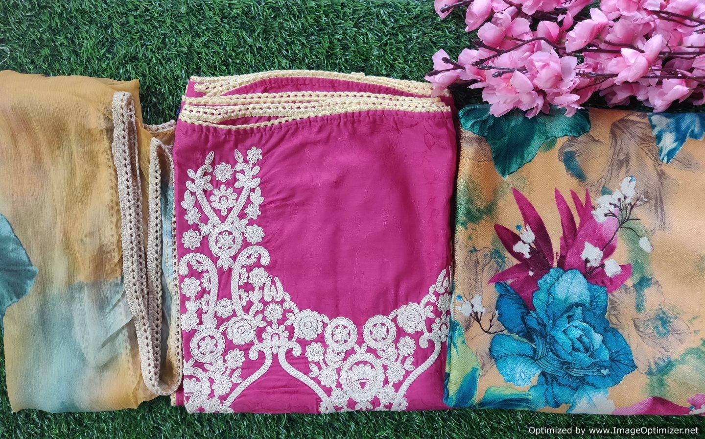Designer Pink Embroidered Pashmina Winter Dress Material with Chiffon Dupatta VN26-Anvi Creations-Pashmina Dress Material