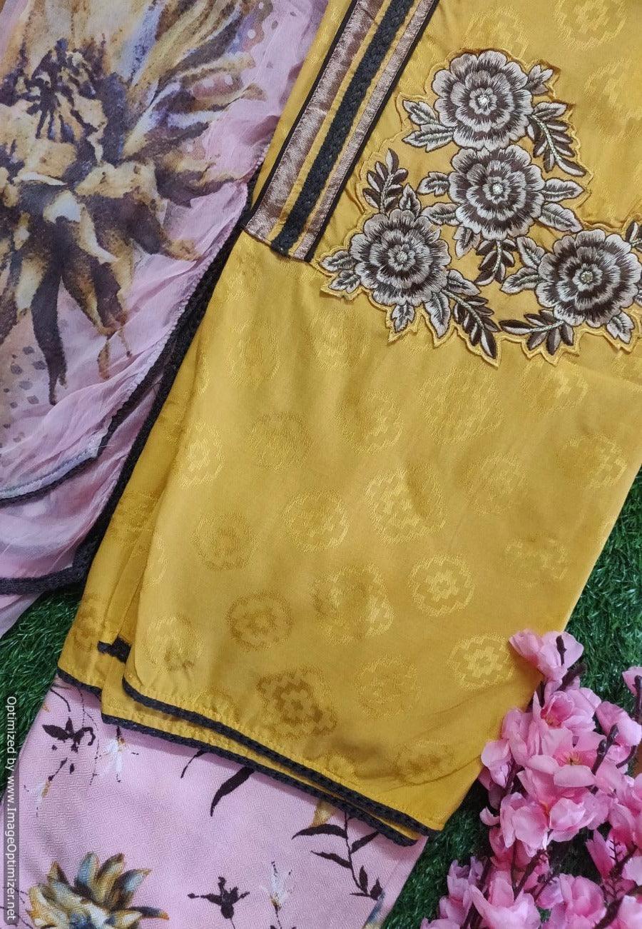 Designer Yellow Embroidered Pashmina Winter Dress Material with Chiffon Dupatta VN25-Anvi Creations-Pashmina Dress Material