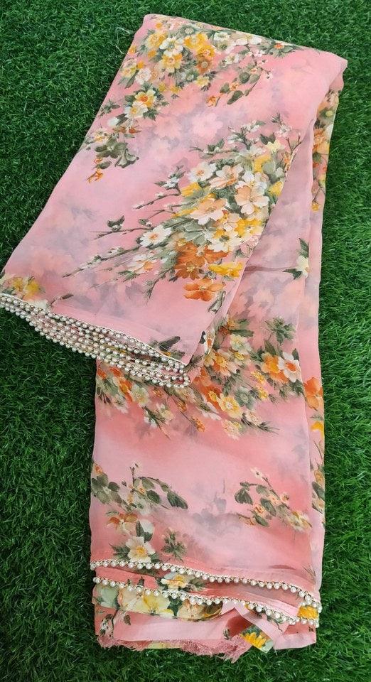 Peach Floral Printed Saree with Pearl Lace Work MN3803 - Ethnic's By Anvi Creations