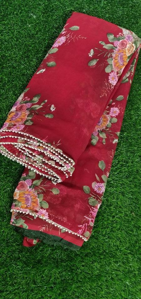 Red Floral Printed Saree with Pearl Lace Work MN3808 - Ethnic's By Anvi Creations