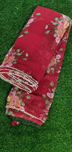 Red Floral Printed Saree with Pearl Lace Work MN3808 - Ethnic's By Anvi Creations