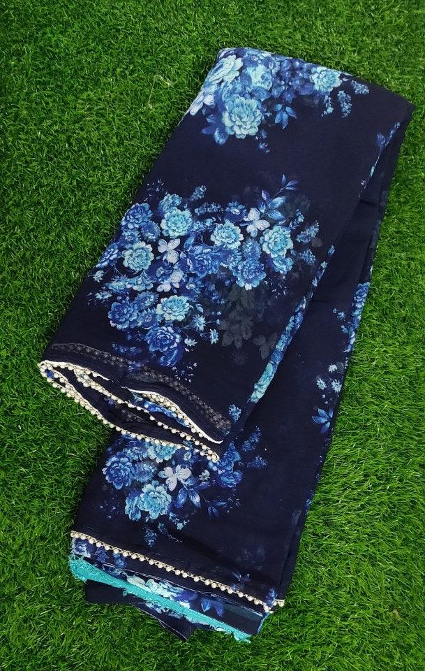 Blue Floral Printed Saree with Pearl Lace Work MN3810 - Ethnic's By Anvi Creations