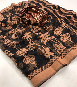 Black Brasso Cotton Silk Saree with Woven Blouse Fabric ISH01-Anvi Creations-Brasso Saree