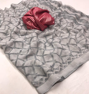 Gray Brasso Cotton Silk Saree with Woven Blouse Fabric ISH02-Anvi Creations-Brasso Saree