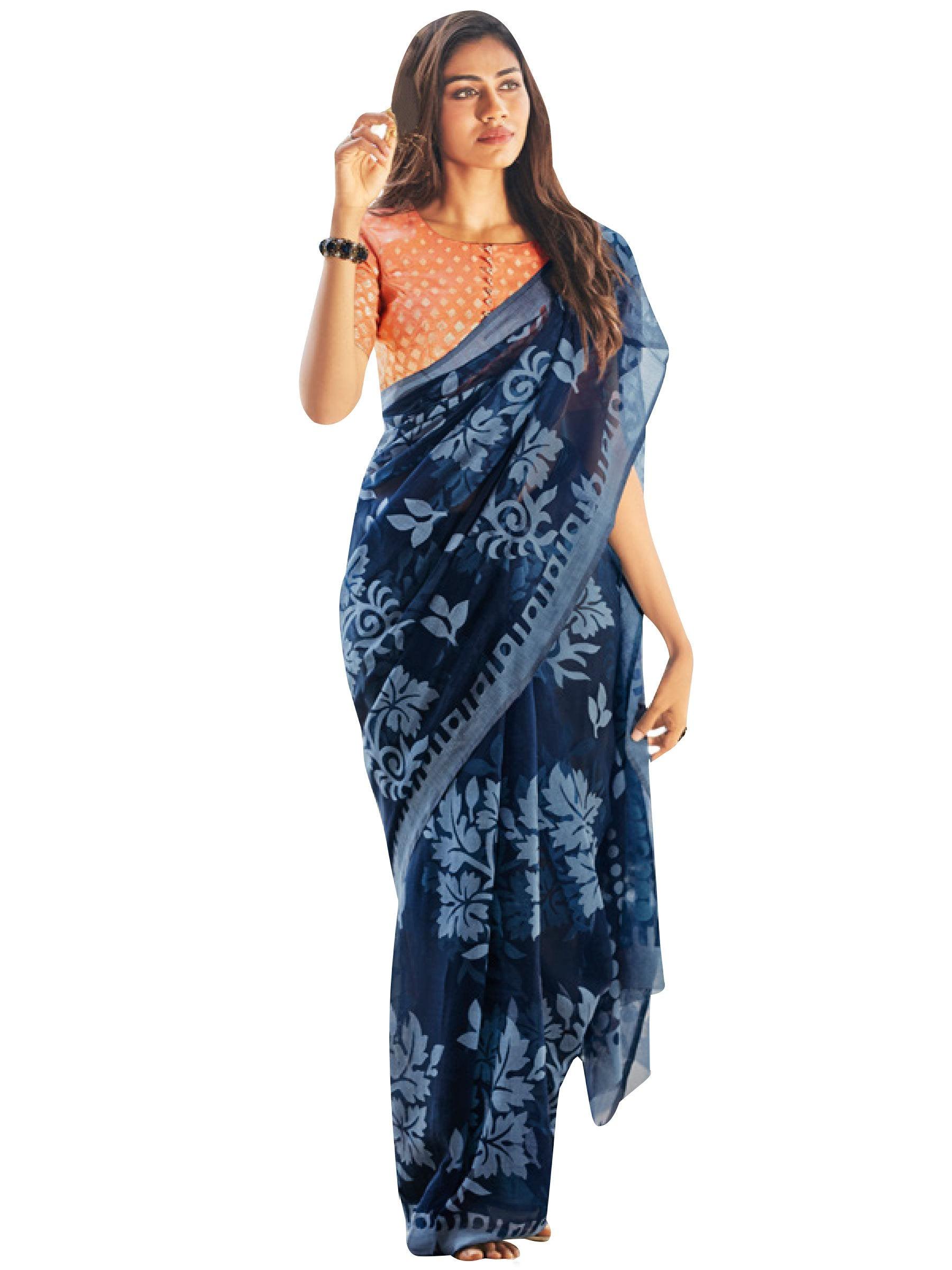 Blue Brasso Cotton Silk Saree with Woven Blouse Fabric ISH04-Anvi Creations-Brasso Saree