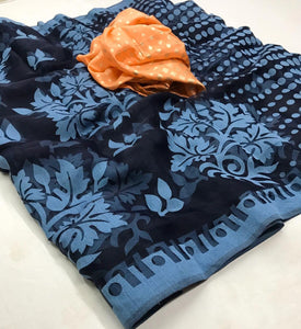 Blue Brasso Cotton Silk Saree with Woven Blouse Fabric ISH04-Anvi Creations-Brasso Saree