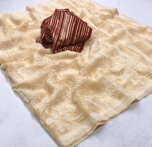 Beige Brasso Cotton Silk Saree with Woven Blouse Fabric ISH08-Anvi Creations-Brasso Saree