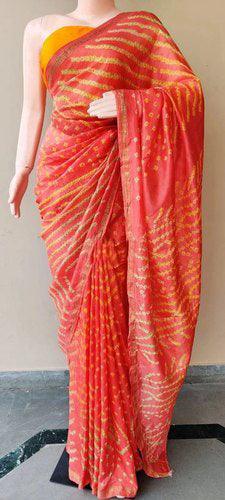 Peachy Orange Bandhani Bandhej Printed Art Silk Saree KCBAN02 - Ethnic's By Anvi Creations