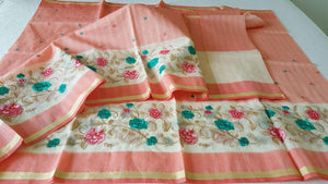 Designer Peach Kota Cotton Embroidered Saree KCS101-Ethnic's By Anvi Creations-Handloom Saree