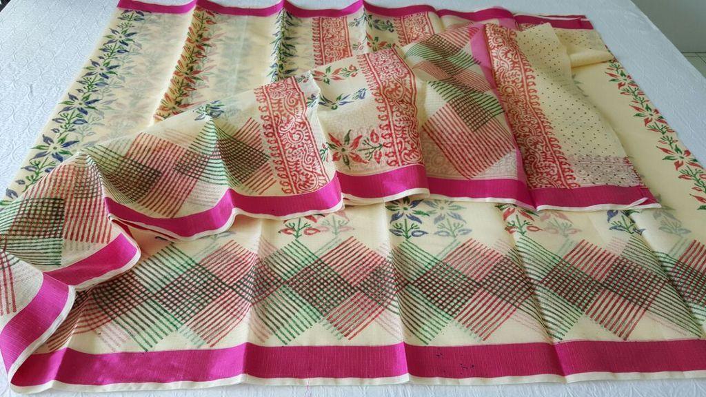 Designer Beige Block Printed Kota Cotton Saree KSC105-Ethnic's By Anvi Creations-Handloom Saree
