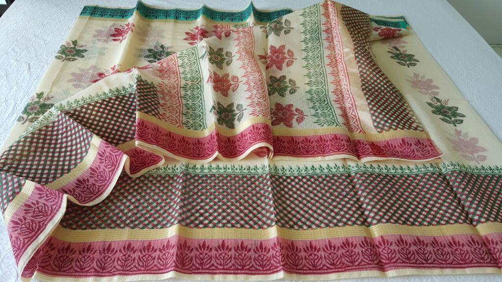 Designer Beige Block Printed Kota Cotton Saree KSC106-Ethnic's By Anvi Creations-Handloom Saree