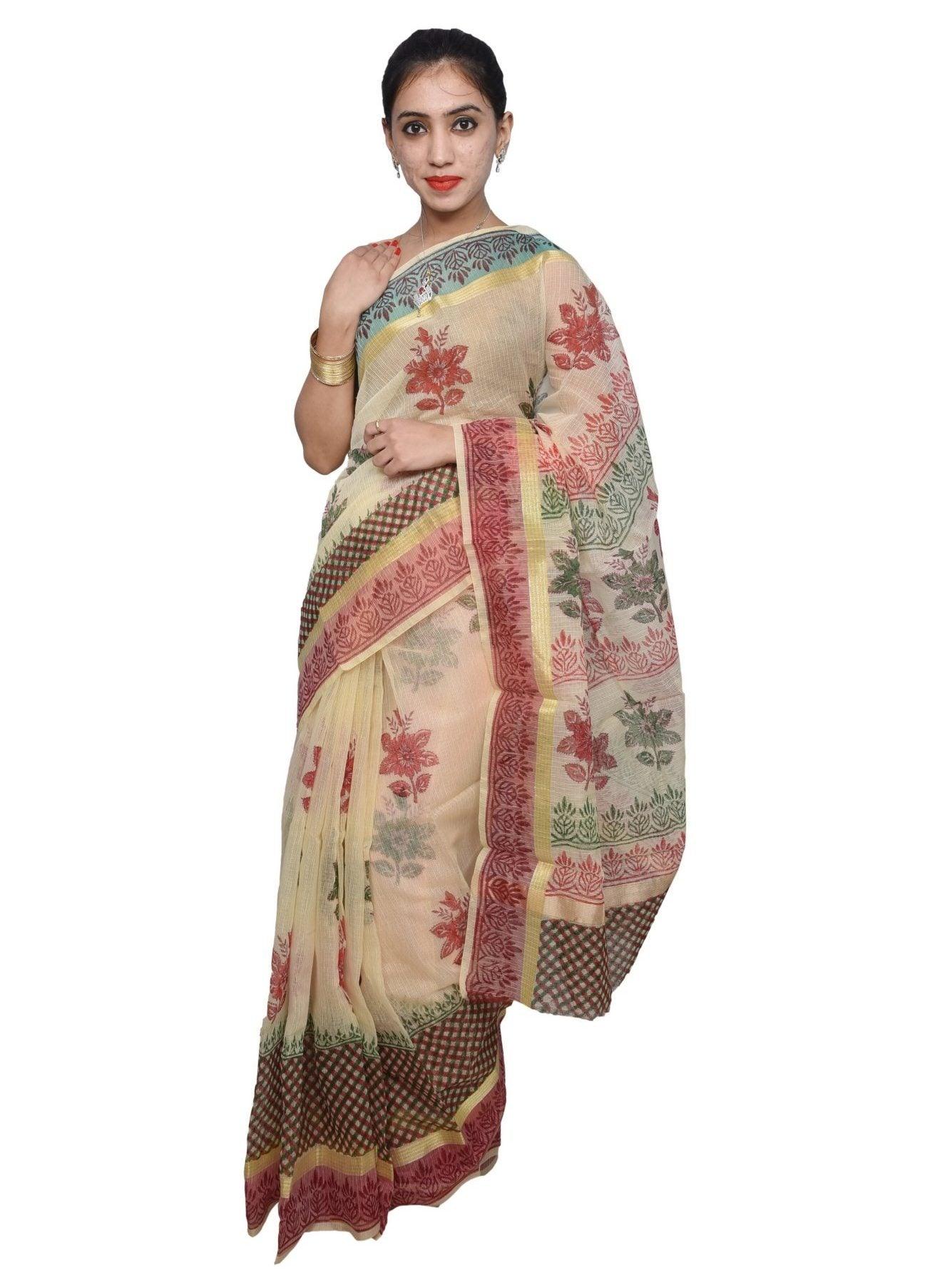 Designer Beige Block Printed Kota Cotton Saree KSC106-Ethnic's By Anvi Creations-Handloom Saree