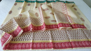 Designer Beige Block Printed Kota Cotton Saree KSC107-Ethnic's By Anvi Creations-Handloom Saree