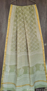 Light Green Block Printed Pure Kota Cotton Saree with Blouse fabric KCS123 - Ethnic's By Anvi Creations