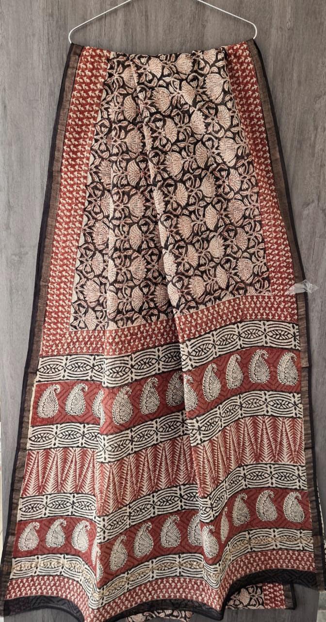 Black Beige Block Printed Pure Kota Cotton Saree with Blouse fabric KCS128 - Ethnic's By Anvi Creations
