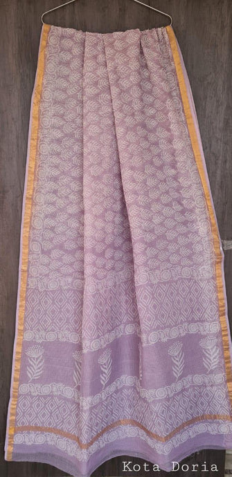 Light Purple Block Printed Pure Kota Cotton Saree with Blouse fabric KCS130 - Ethnic's By Anvi Creations