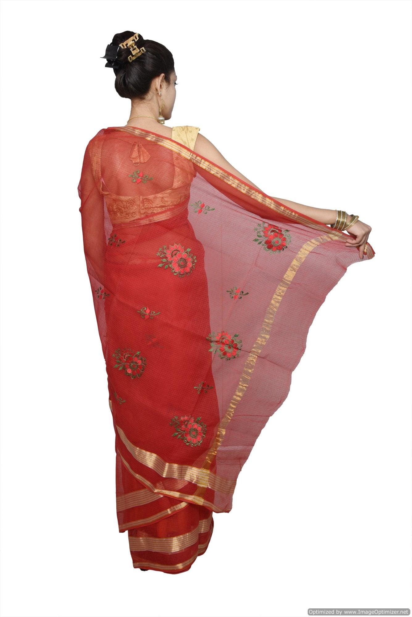 Designer Red Kota Cotton Embroidered Saree KCS68-Ethnic's By Anvi Creations-Handloom Saree