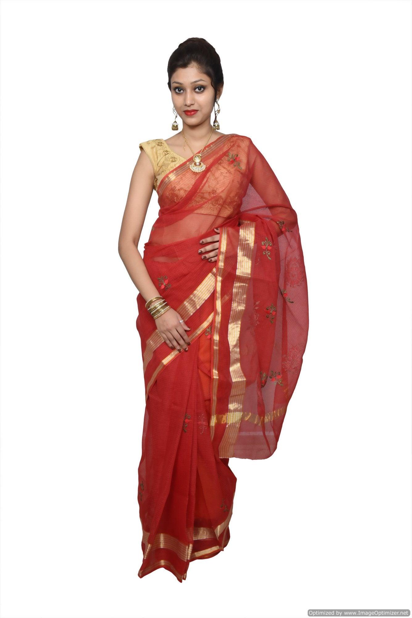 Designer Red Kota Cotton Embroidered Saree KCS68-Ethnic's By Anvi Creations-Handloom Saree