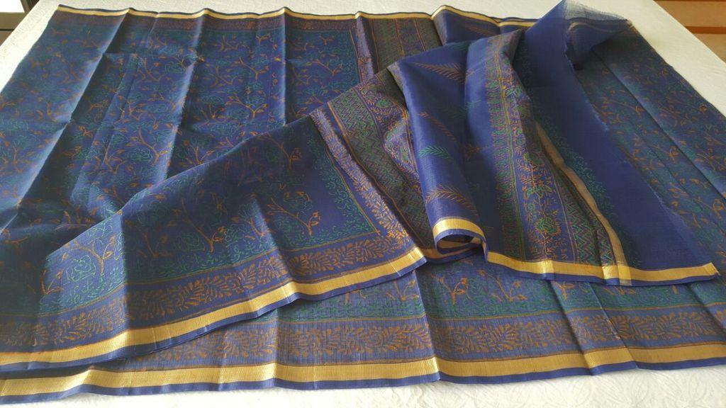 Designer Blue Gold Border Kota Cotton Printed Saree KCS70-Ethnic's By Anvi Creations-Handloom Saree
