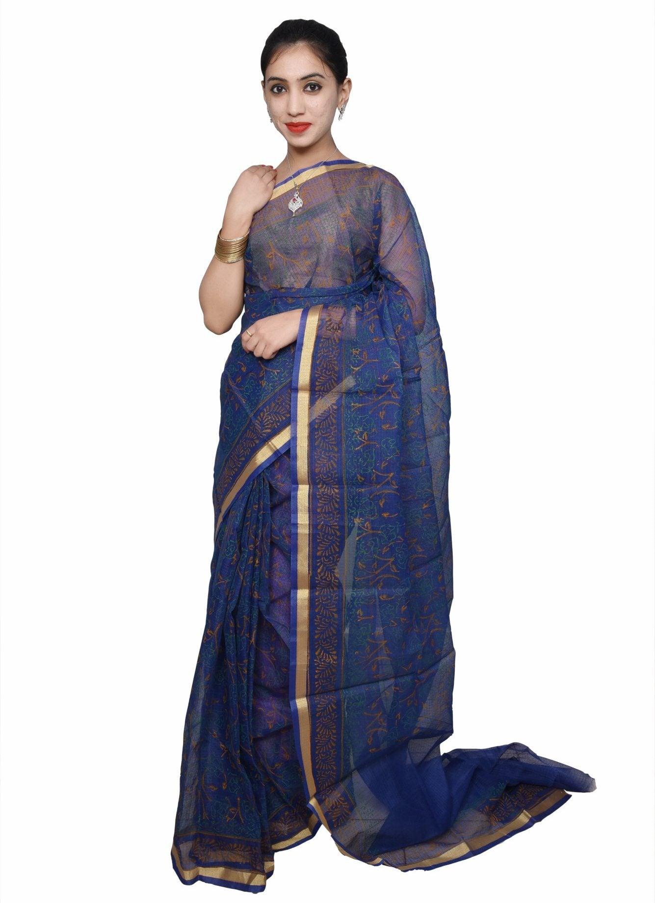 Designer Blue Gold Border Kota Cotton Printed Saree KCS70-Ethnic's By Anvi Creations-Handloom Saree
