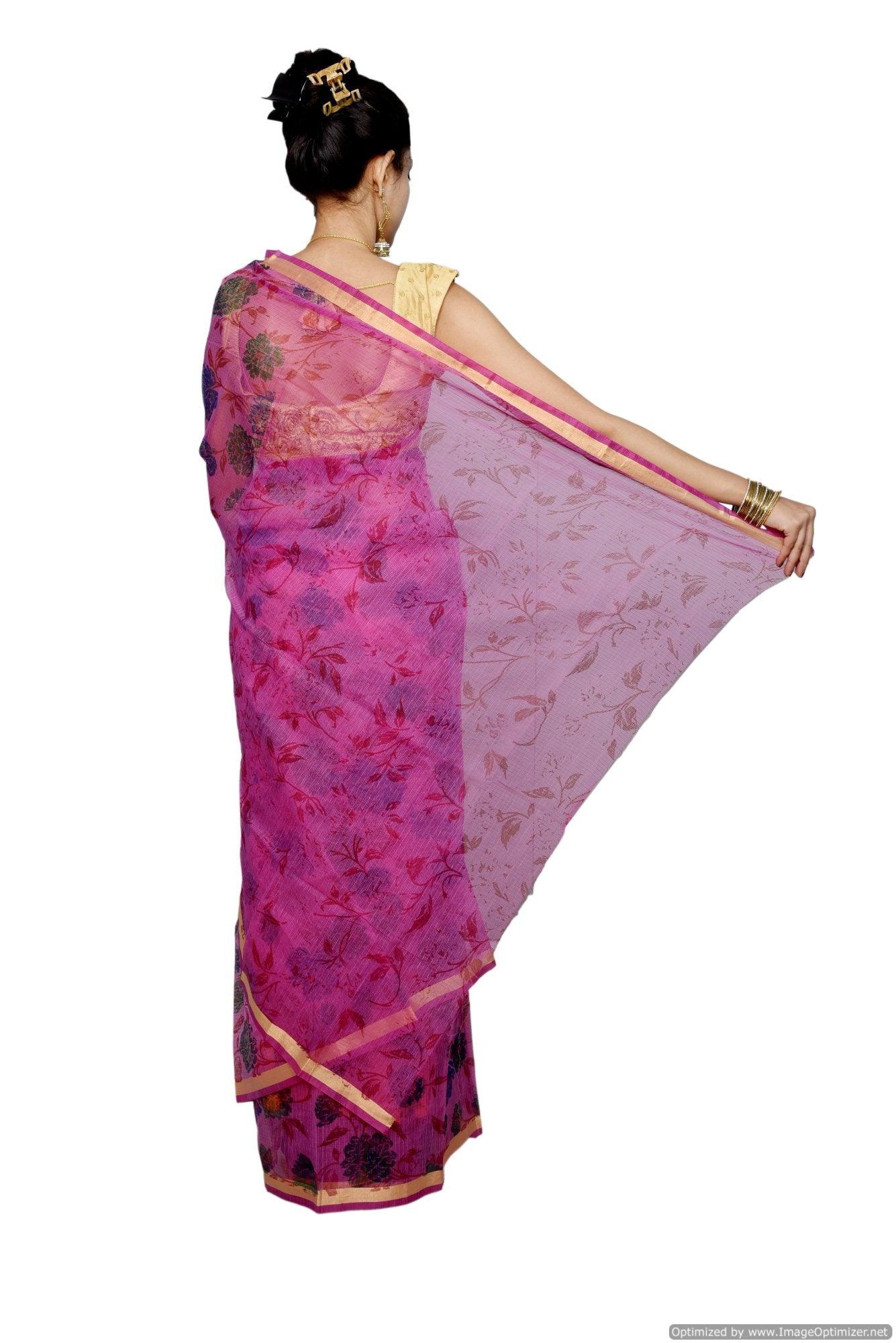 Designer Purple Gold Border Kota Cotton Printed Saree KCS73-Ethnic's By Anvi Creations-Handloom Saree