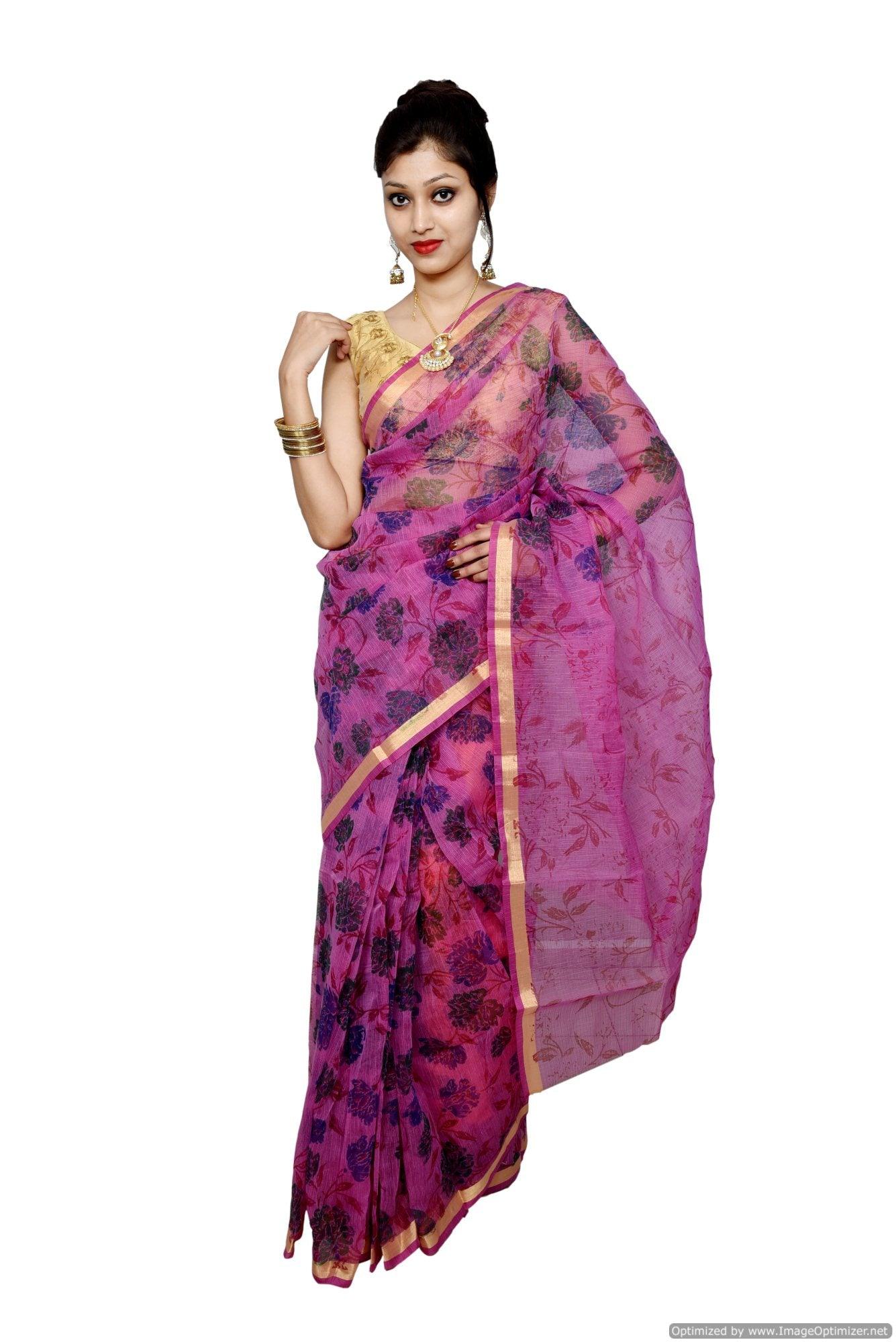 Designer Purple Gold Border Kota Cotton Printed Saree KCS73-Ethnic's By Anvi Creations-Handloom Saree
