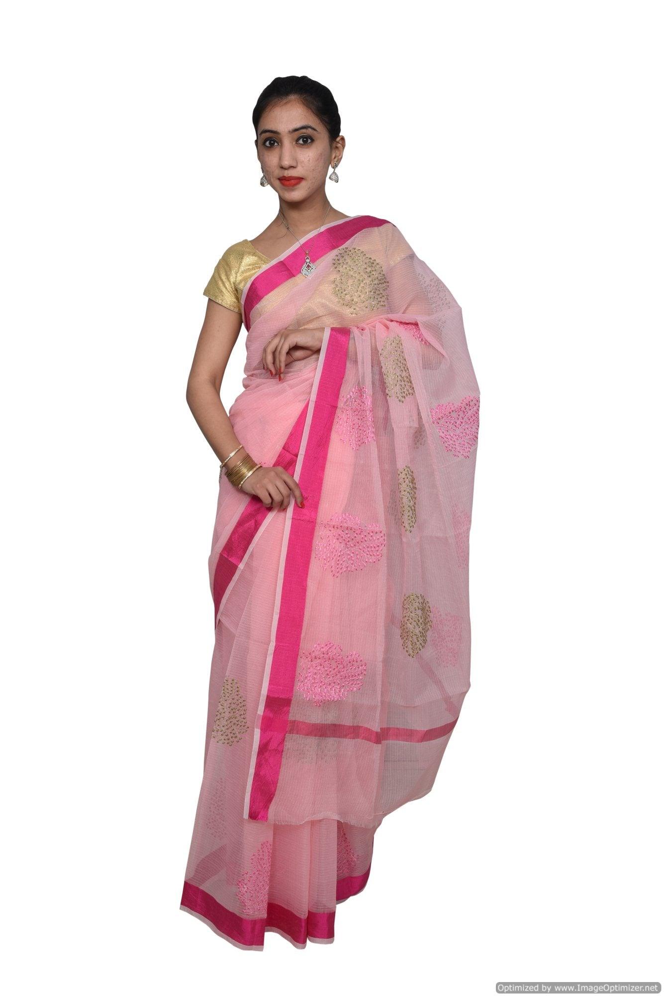 Designer Pink Kota Cotton Embroidered Floral Motif Saree KCS79-Ethnic's By Anvi Creations-Handloom Saree